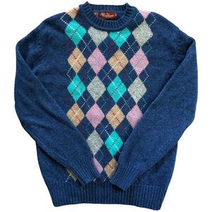 The Grand Leader 100% Virgin Wool Argyle Sweater Navy Made in Britain Vintage